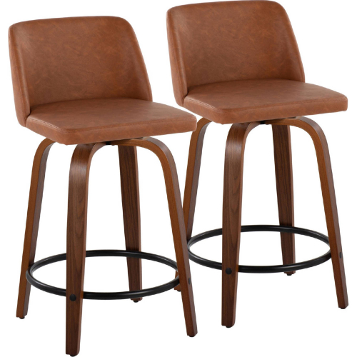 Toriano 24" Swivel Counter Stool in Walnut Wood & Camel Leatherette with Black Footrest (Set of 2)